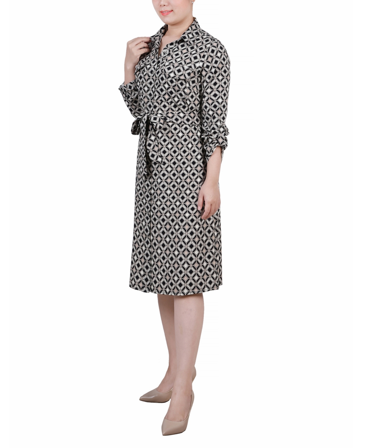 Ny Collection Petite Geometric Printed Long Sleeve Roll Tab Shirtdress In Black