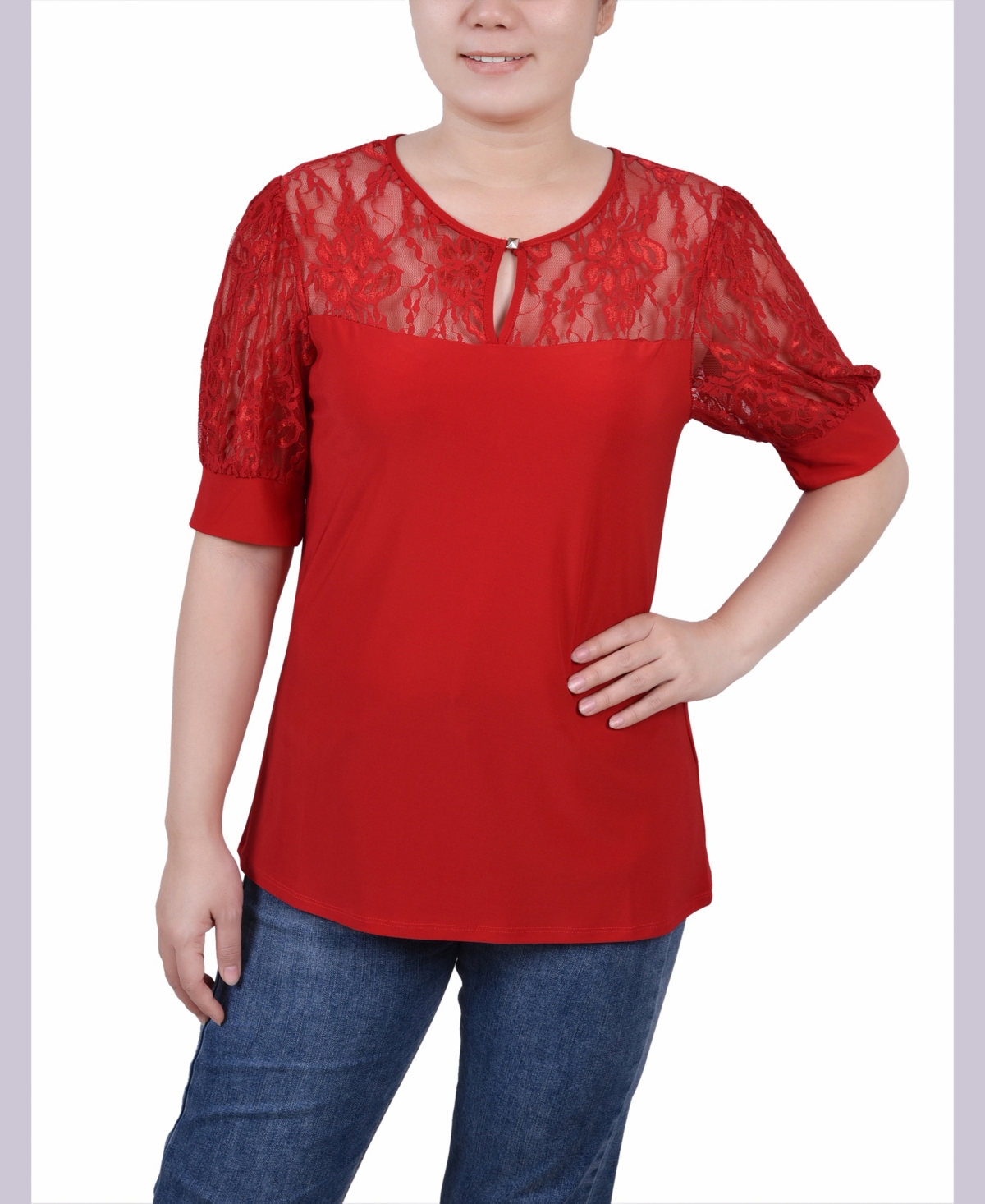 Ny Collection Petite Puff Sleeve Lace Top - Jester Red