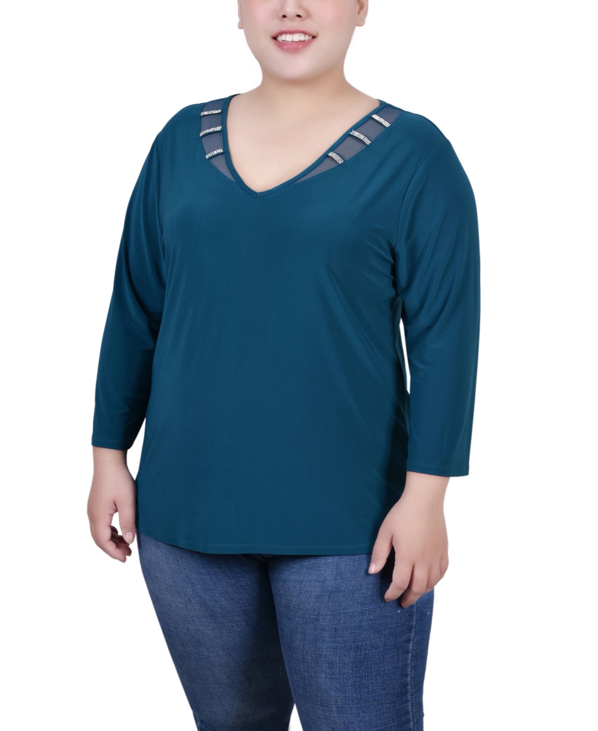Ny Collection Plus Size Tunic Top With Illusion Neckline And Stones In Fanfare