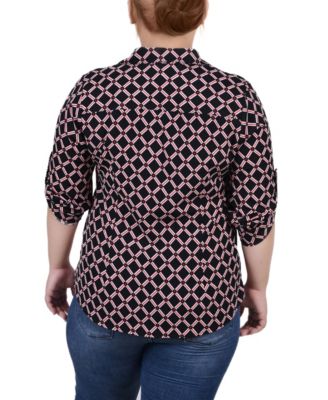 Plus Size Roll Tab Sleeve Zip Front Top