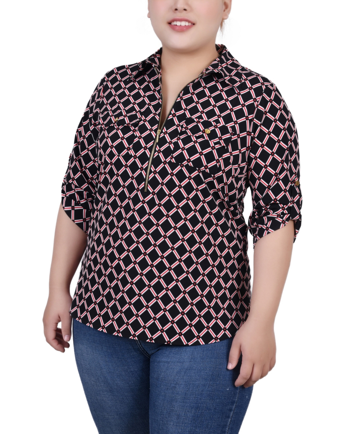 Plus Size Roll Tab Sleeve Zip Front Top - Black, Red Chain