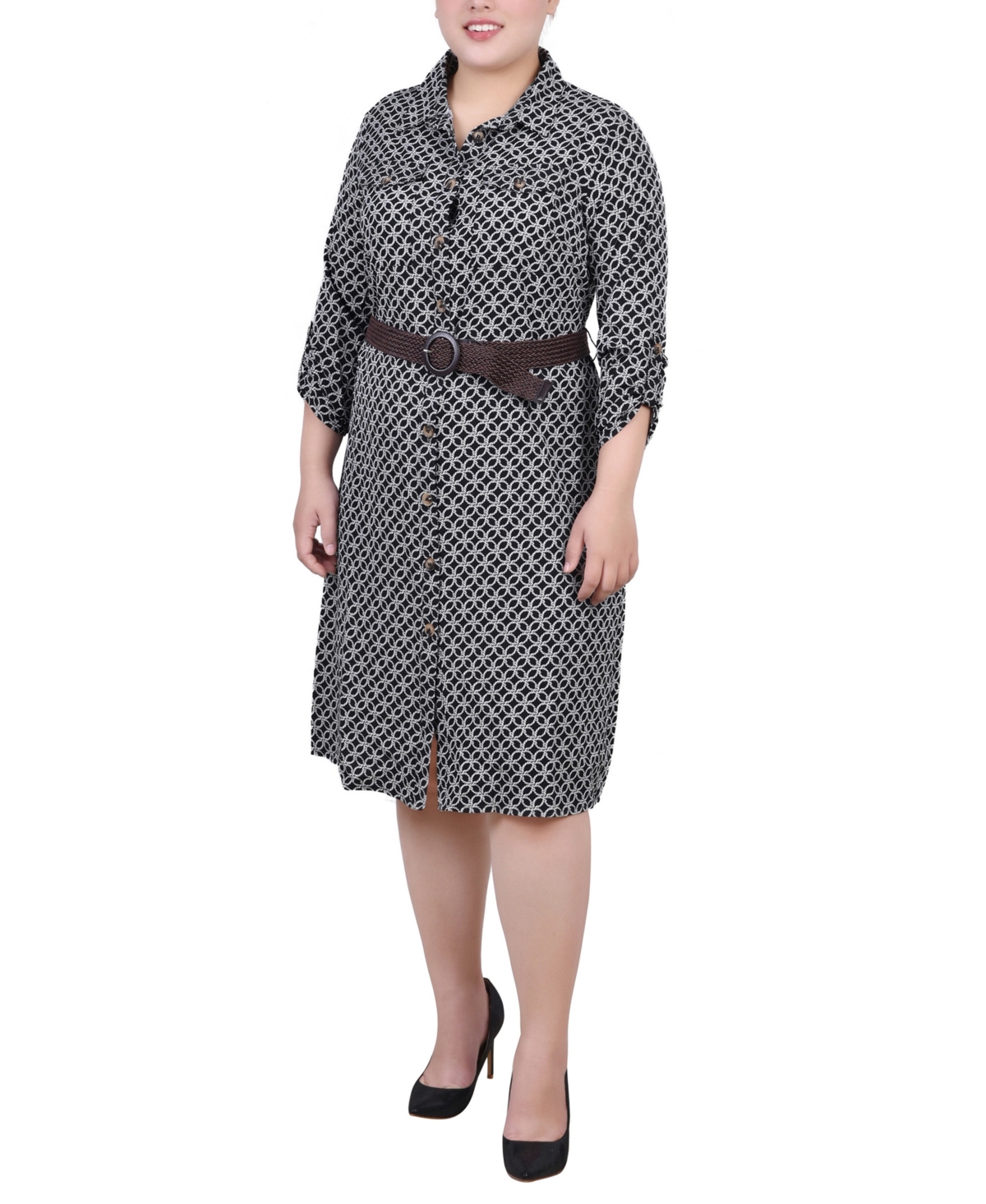 Ny Collection Plus Size 3/4 Roll Tab Sleeve Shirtdress In Black White Rope Iconic