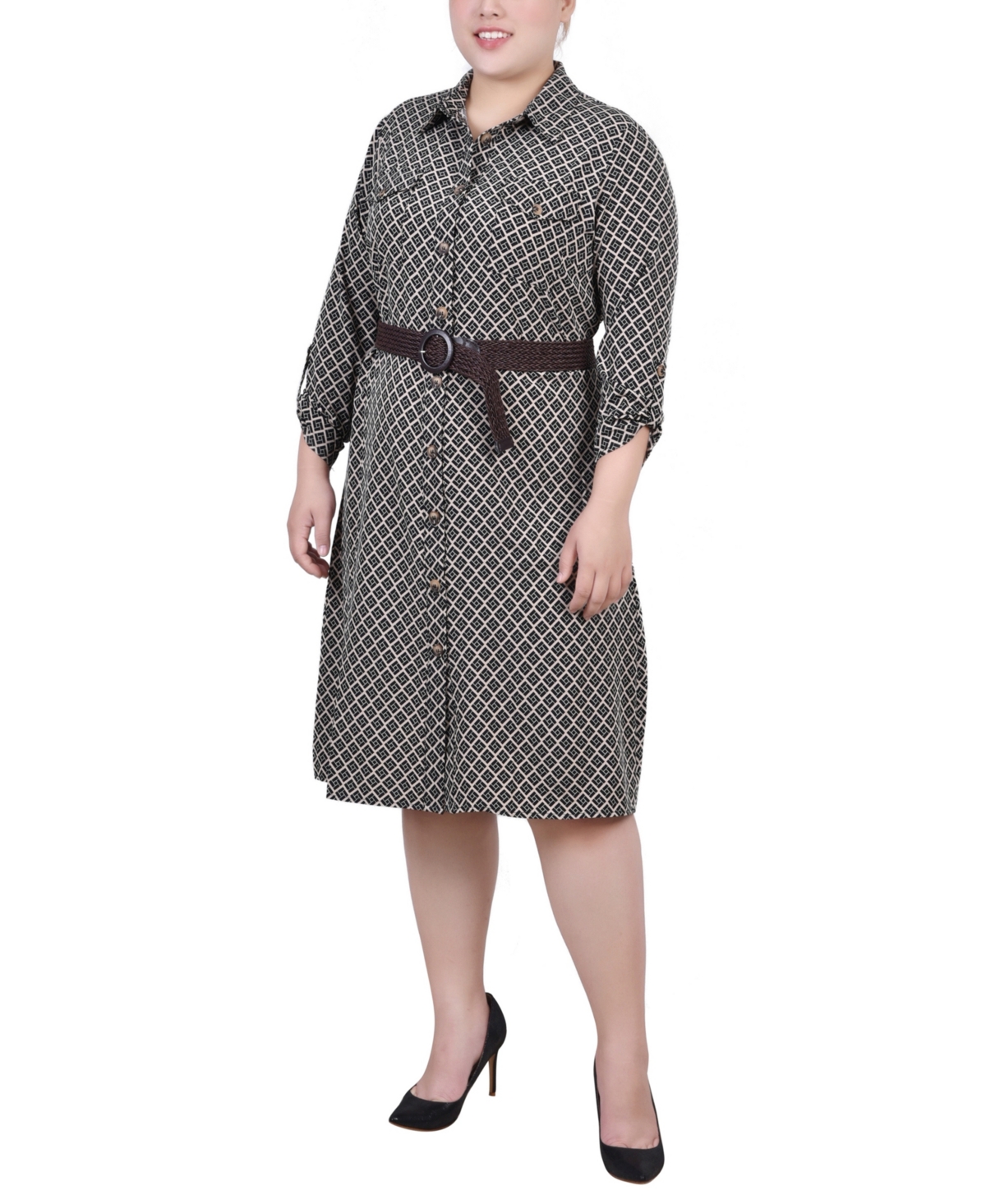Ny Collection Plus Size 3/4 Roll Tab Sleeve Shirtdress In Doeskin Black Allie
