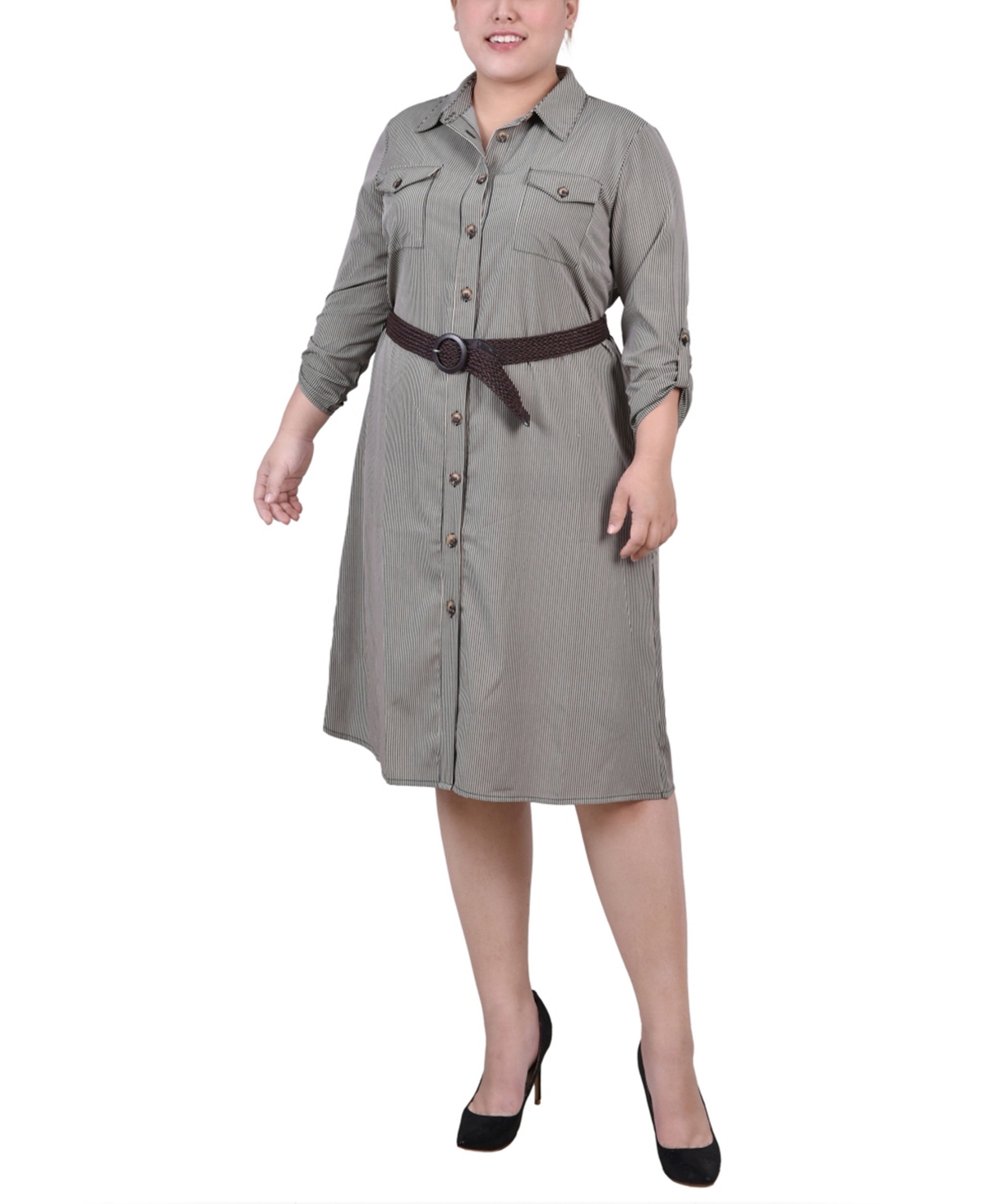 Ny Collection Plus Size 3/4 Roll Tab Sleeve Shirtdress In Gray