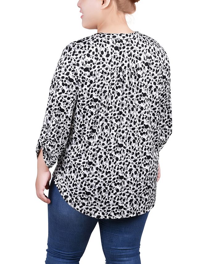 NY Collection Plus Size 3/4 Roll Tab Sleeve Y Neck Top & Reviews - Tops ...