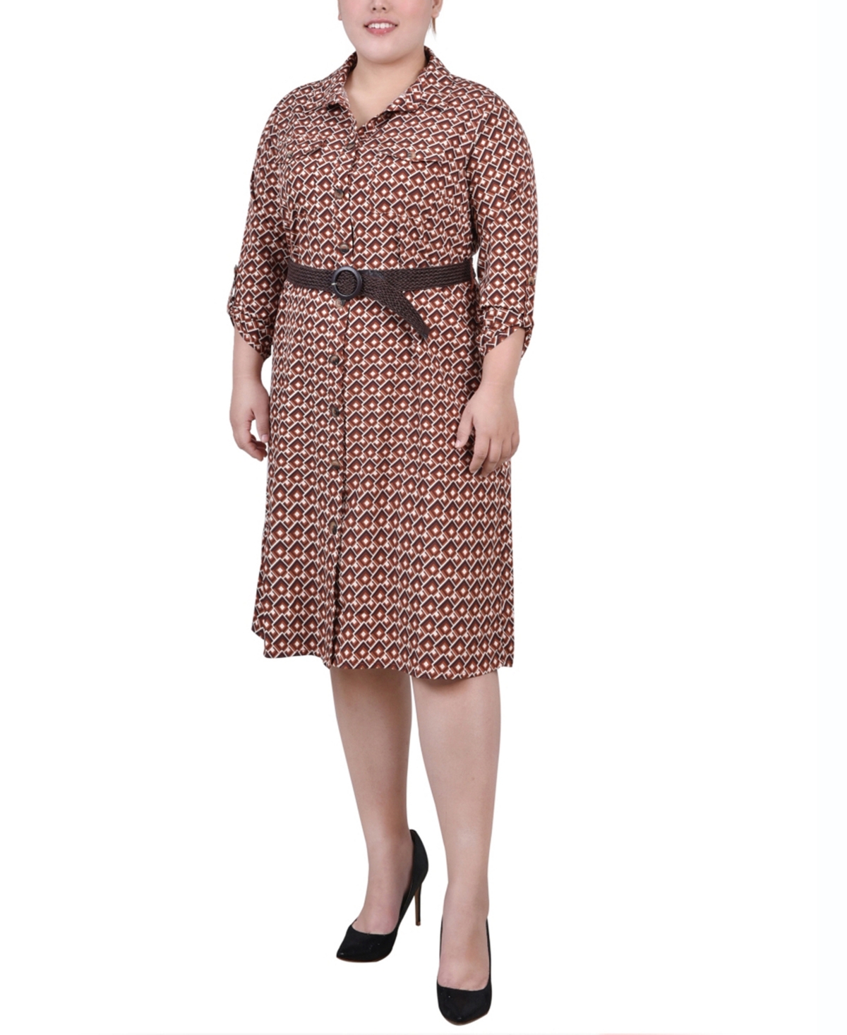 NY COLLECTION PLUS SIZE 3/4 ROLL TAB SLEEVE SHIRTDRESS