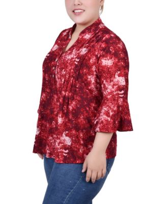 Plus Size 3/4 Sleeve Overlapped Bell Sleeve Y-Neck Top