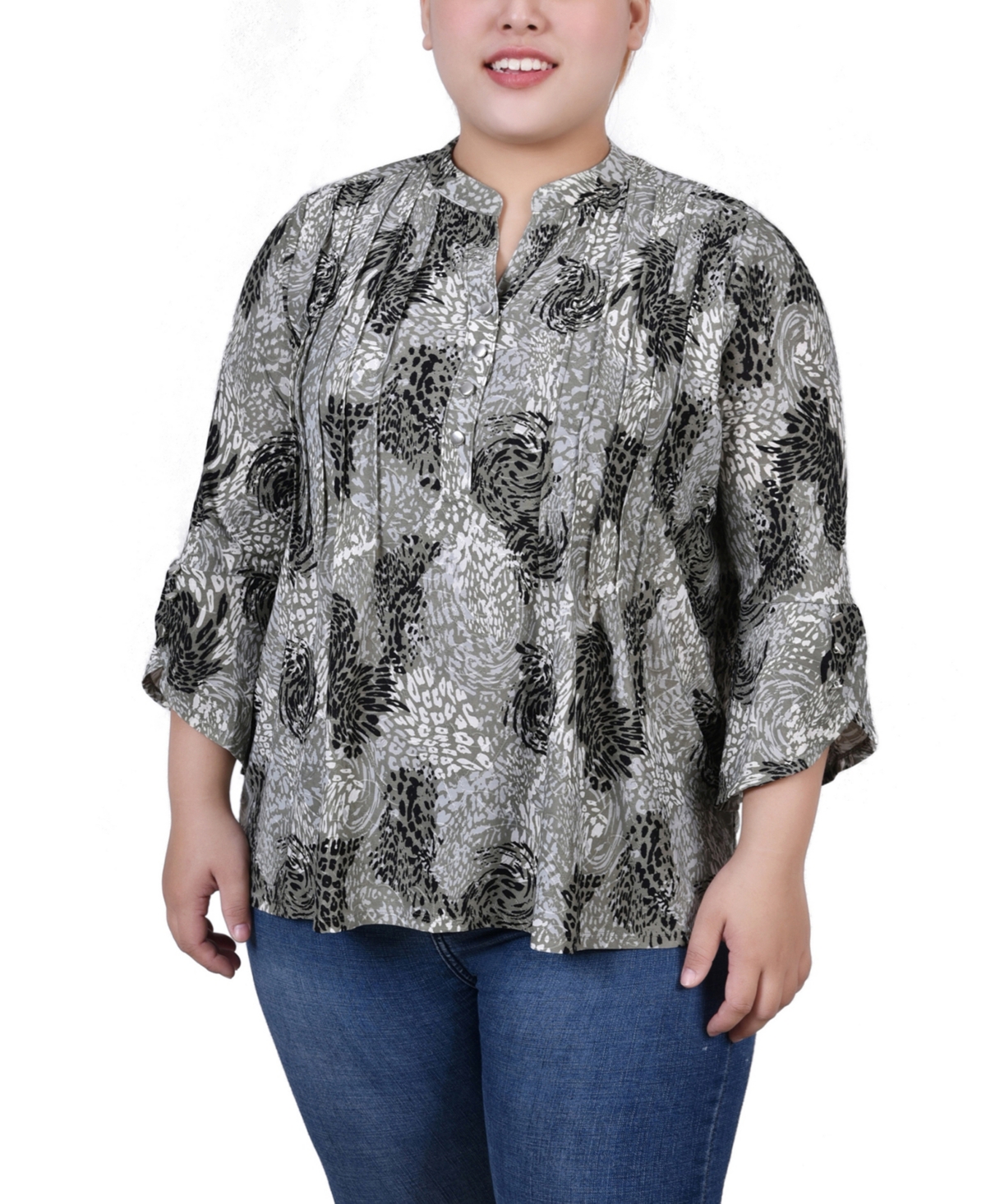 Ny Collection Plus Size 3/4 Sleeve Overlapped Bell Sleeve Y-Neck Top