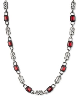 Lauren Ralph Lauren - Black-Tone Pav&eacute; & Red Rectangle Crystal Deco Collar Necklace, 16" + 3" extender