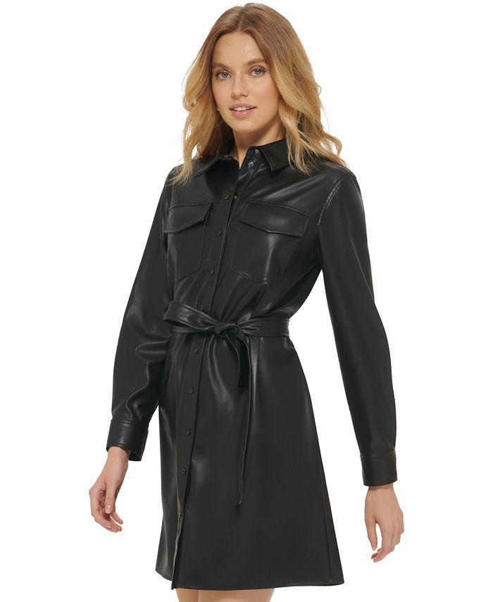 DKNY Women's Faux-Leather Snap-Closure Belted Dress - Macy's