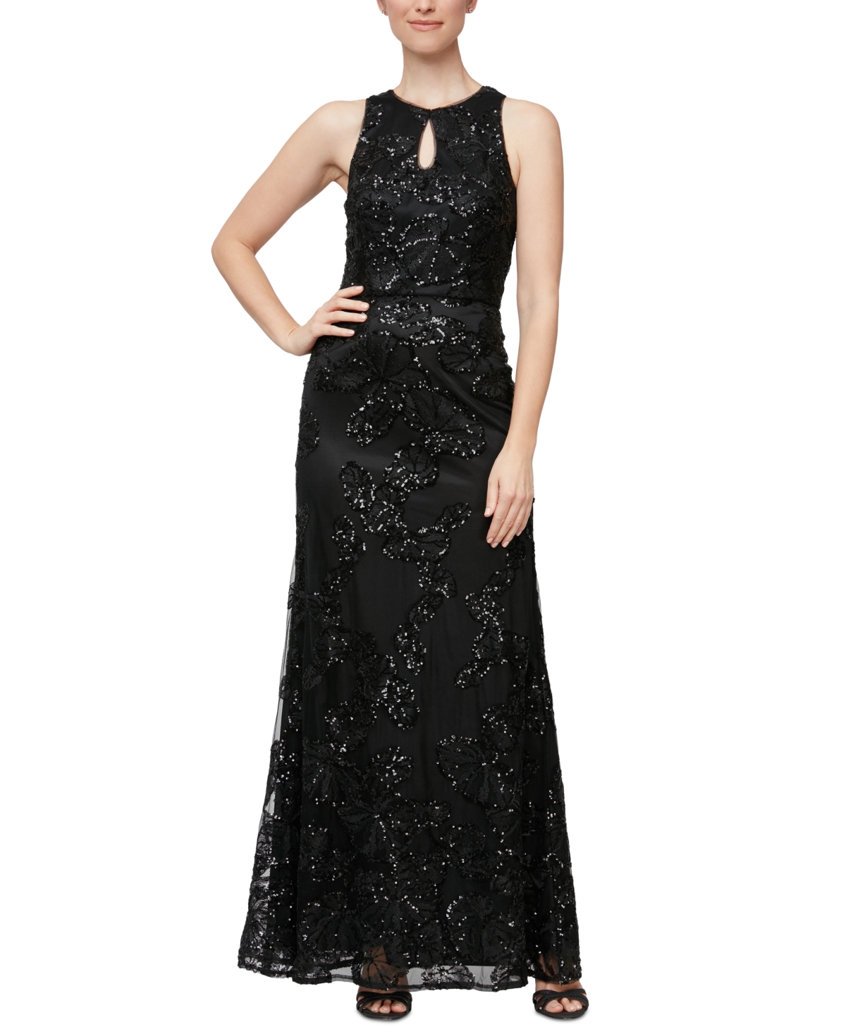 ALEX & EVE WOMEN'S FLORAL-SEQUIN SLEEVELESS KEYHOLE GOWN