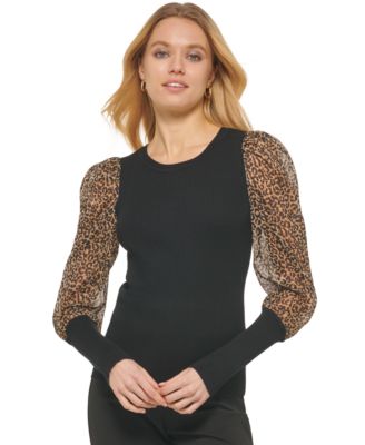 DKNY - Women's Printed Mixed-Media Long-Sleeve Sweater