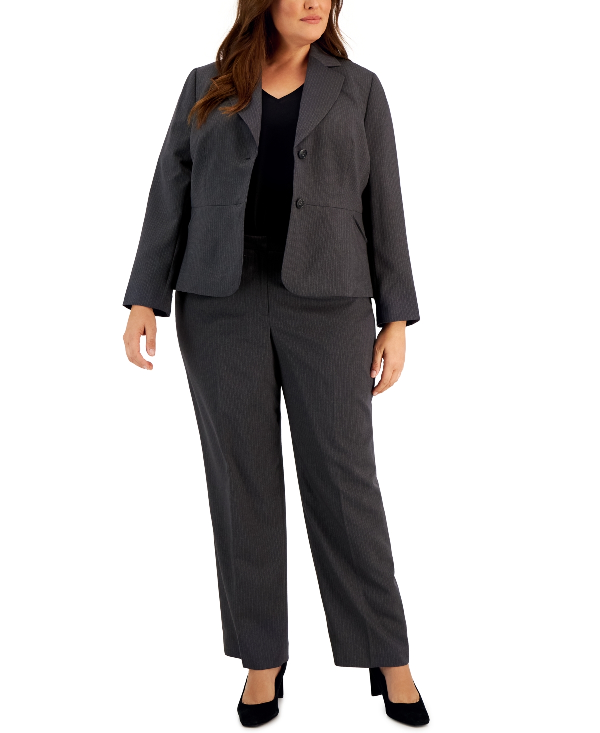 Le Suit Plus Size Two-button Pinstriped Pantsuit In Charcoal