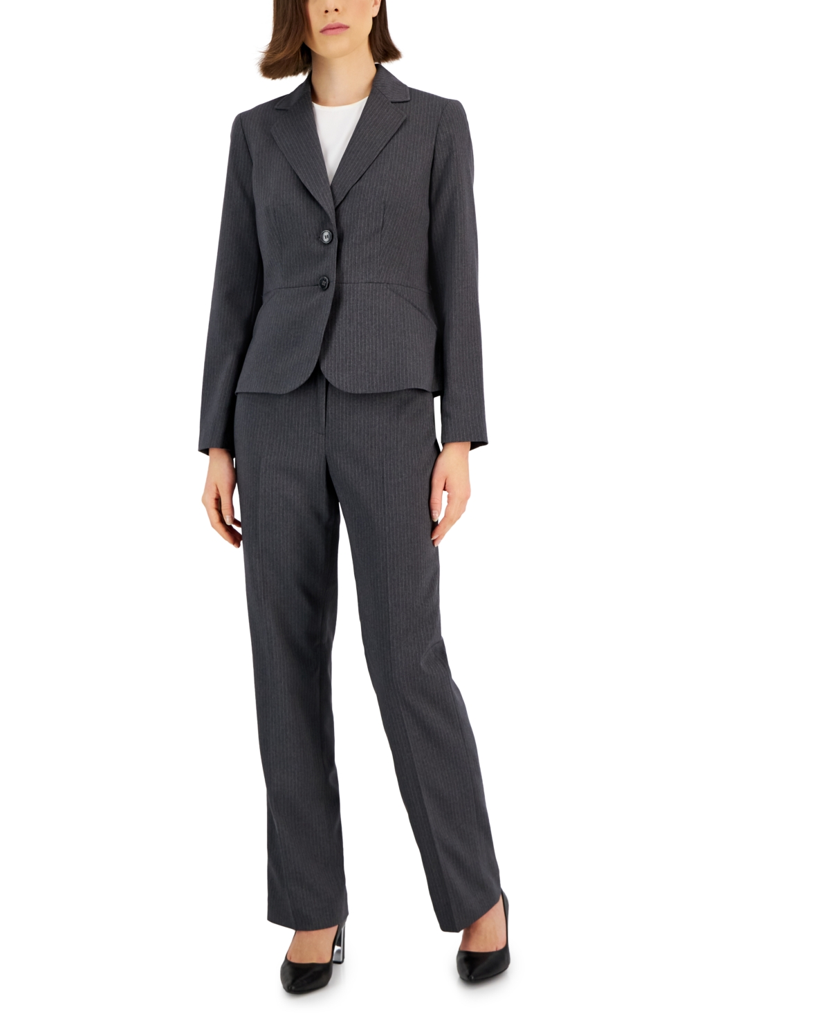 Women's Two-Button Pinstriped Pantsuit, Regular & Petite - Navy