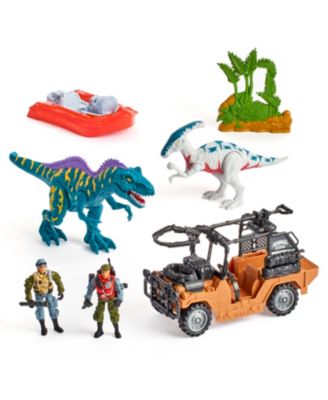 Photo 1 of LARGE Animal Zone Dino Encounter Play Set Arocanthosaurus, Created for You by Toys R Us. Includes Acrocanthosaurus, Parasaurolophus, jeep, boat, 2 articulated action figures and bushes.