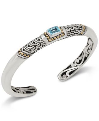 Blue Topaz & Bali Cuff Bracelet in Sterling Silver and 18K Gold Accents, Medium