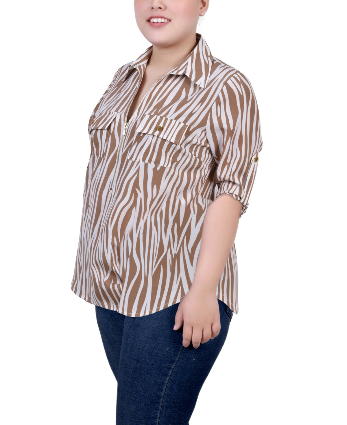 Ny Collection Plus Size Roll Tab Sleeve Zip Front Top