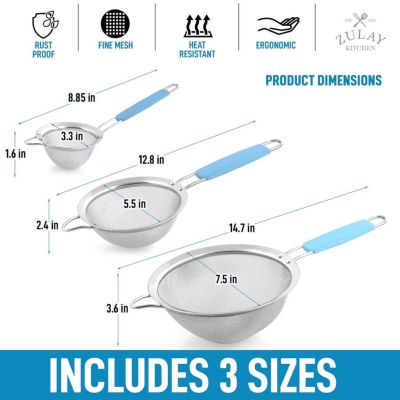 Set of 3 Premium Stainless Steel Fine Mesh Strainer with Non-Slip Handles