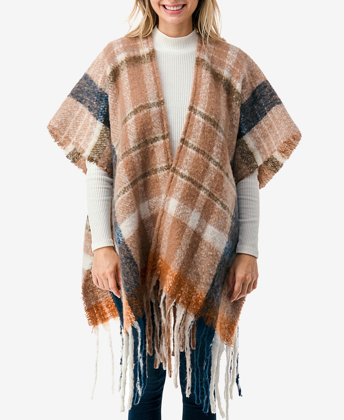 Women's Plaid Poncho with Fringe Detail - Brown