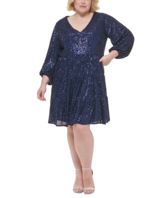 Eliza J Plus Size Sequined Long-Sleeve Tiered Dress - Macy's