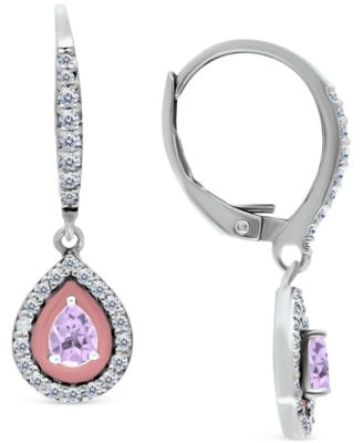 Blue Topaz (1/3 ct. t.w.), Cubic Zirconia, & Enamel Pear Dangle Hoop Earrings in Sterling Silver, Created for Macy's
