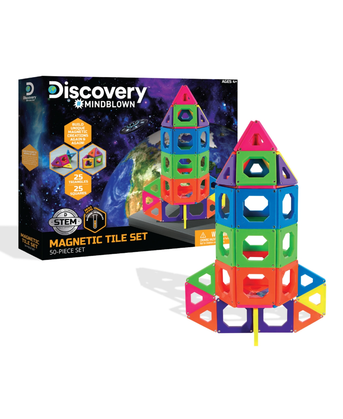 Discovery Mindblown Kids' Magnetic Tile Building Blocks Set, 50 Piece In Open Miscellaneous
