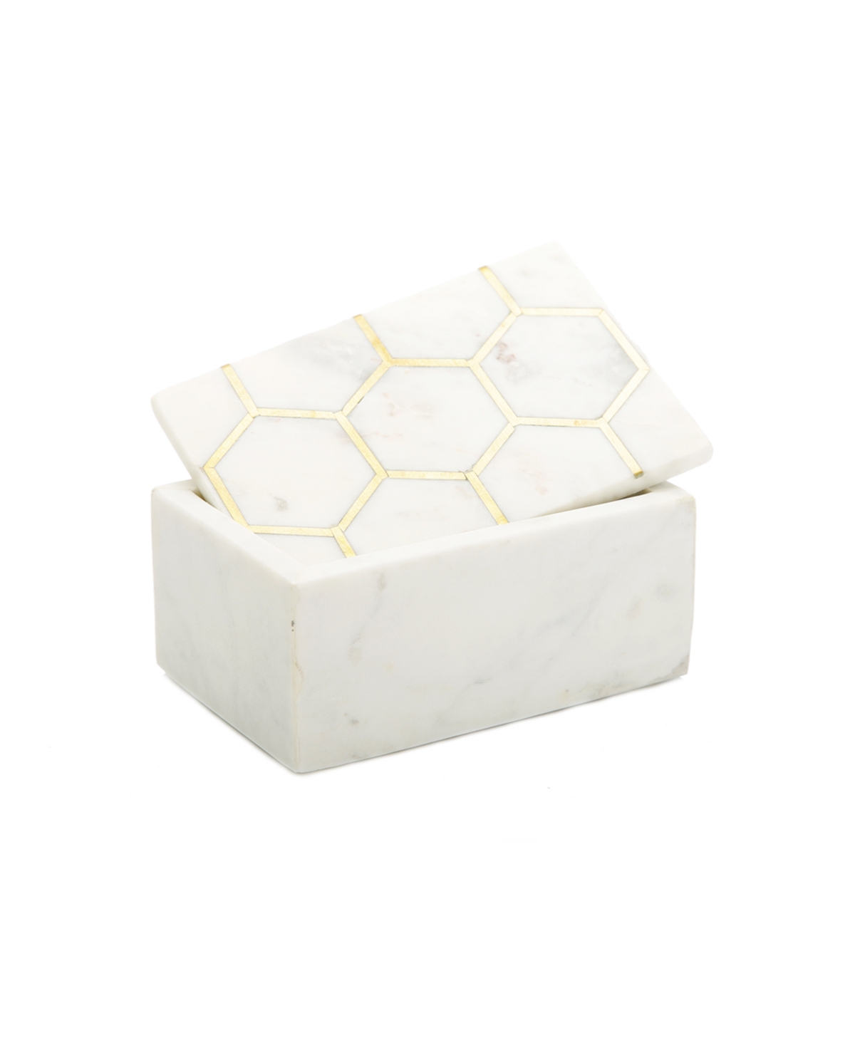 Marble Decorative Box with Hexagon Design on Cover Set, 2 Piece - White and Gold-Tone