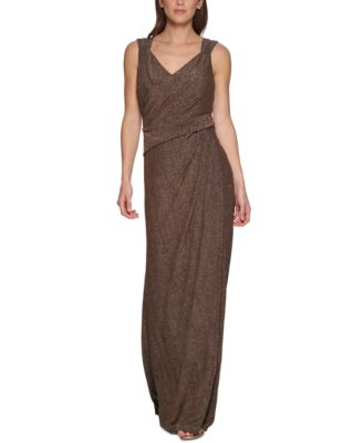DKNY - Women's V-Neck Metallic Ruched-Knit Sleeveless Gown