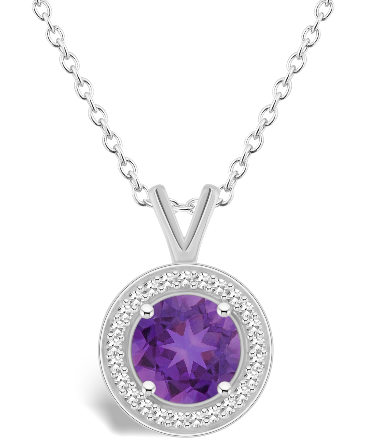 Macy's Amethyst (1-1/4 Ct. T.w.) And Diamond (1/8 Ct. T.w.) Halo Pendant Necklace In Sterling Silver
