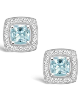 Aquamarine (1 ct. t.w.) and Diamond (1/5 ct. t.w.) Halo Studs in Sterling Silver