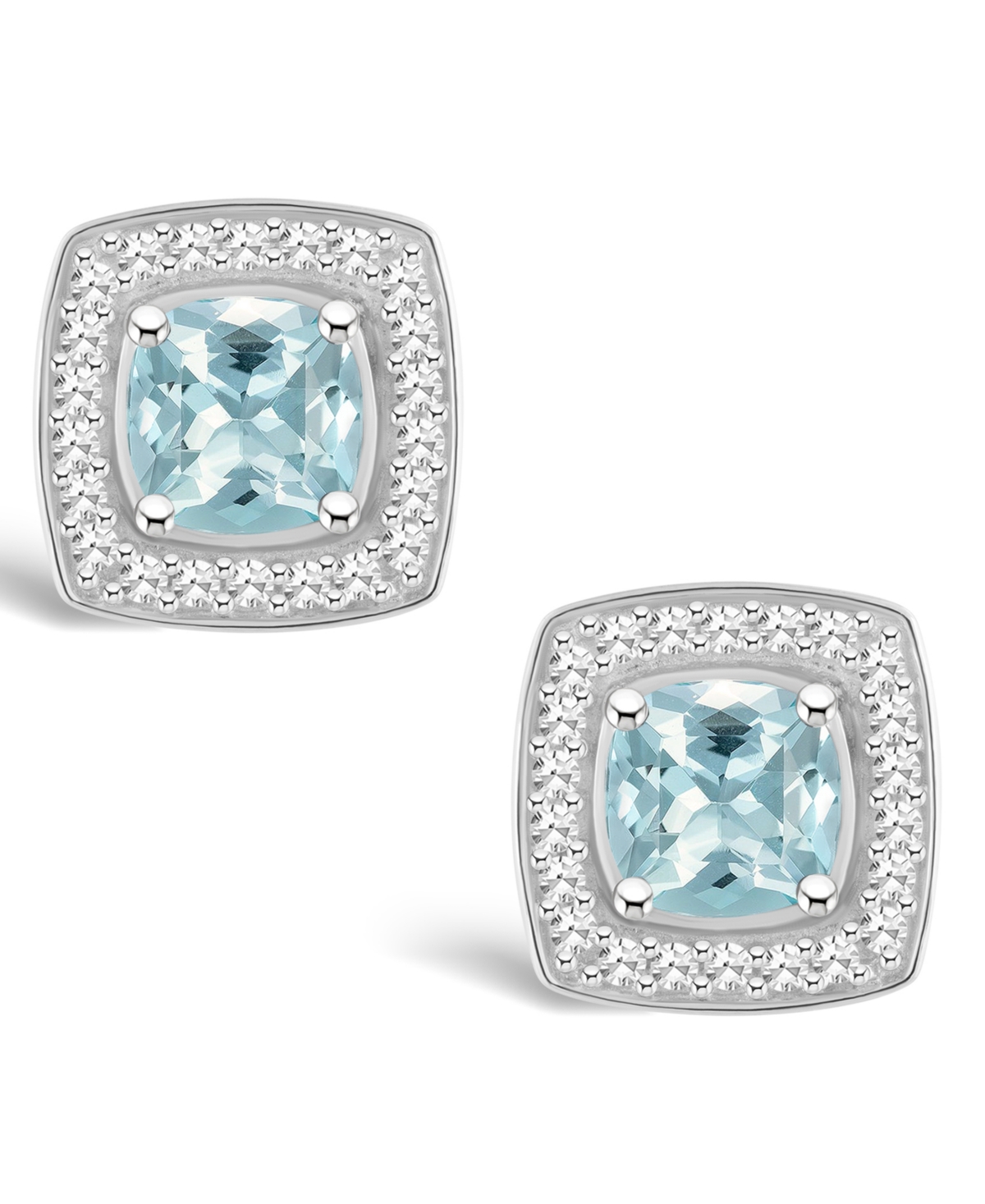 Macy's(1 ct. t.w.) and Diamond (1/5 ct. t.w.) Halo Studs in Sterling Silver - Aquamarine