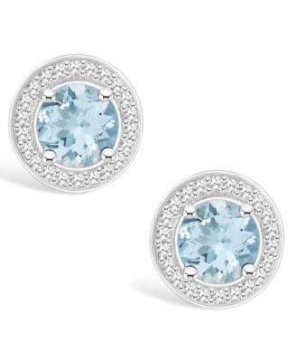 Aquamarine (1-1/2 ct. t.w.) and Diamond (1/5 ct. t.w.) Halo Studs in Sterling Silver