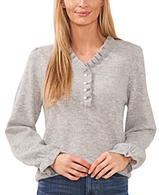 Women's Ruffled V-Neck Embellished-Button Sweater