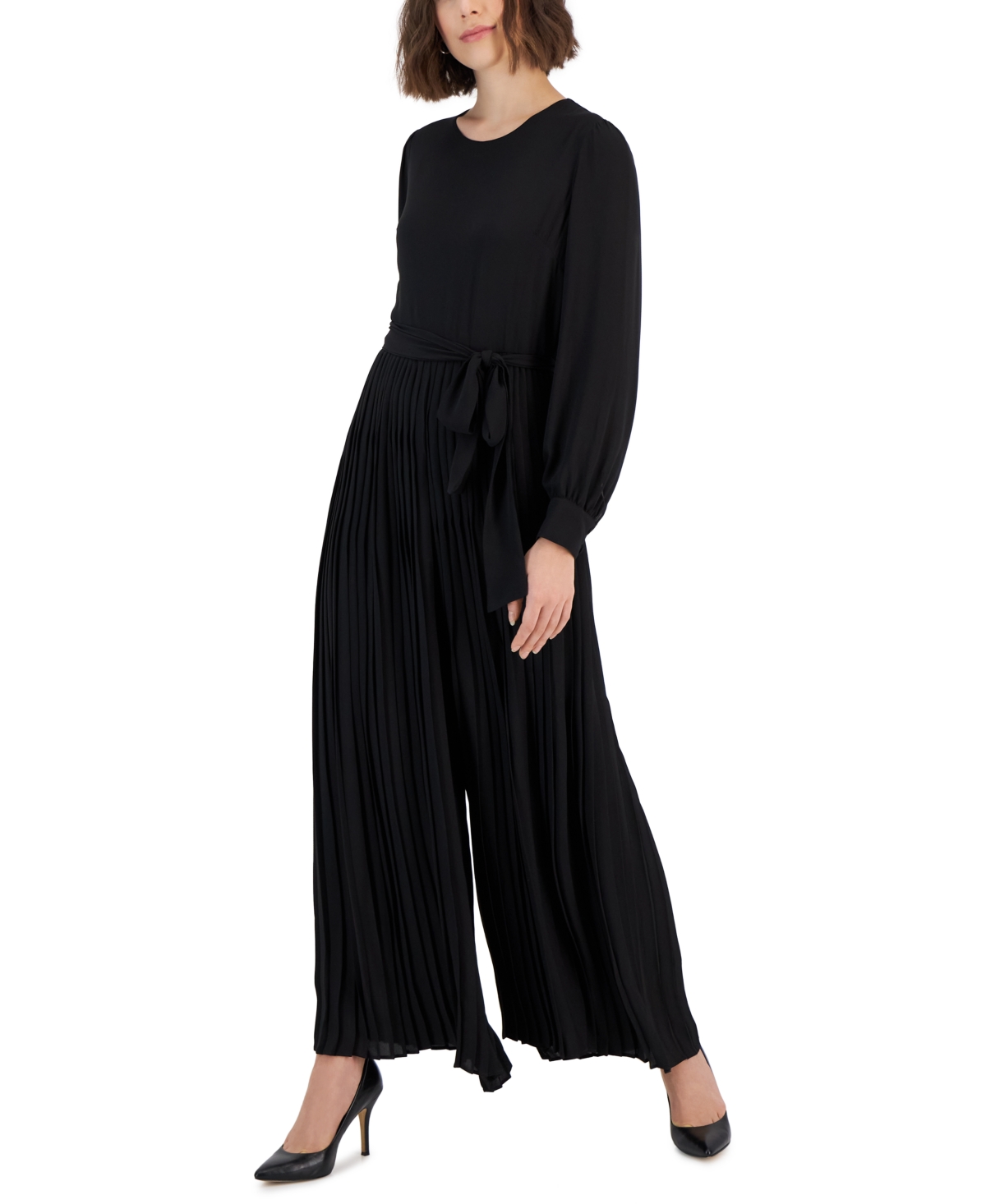 T TAHARI WOMEN'S TIE-WAIST PLEATED WIDE-LEG JUMPSUIT