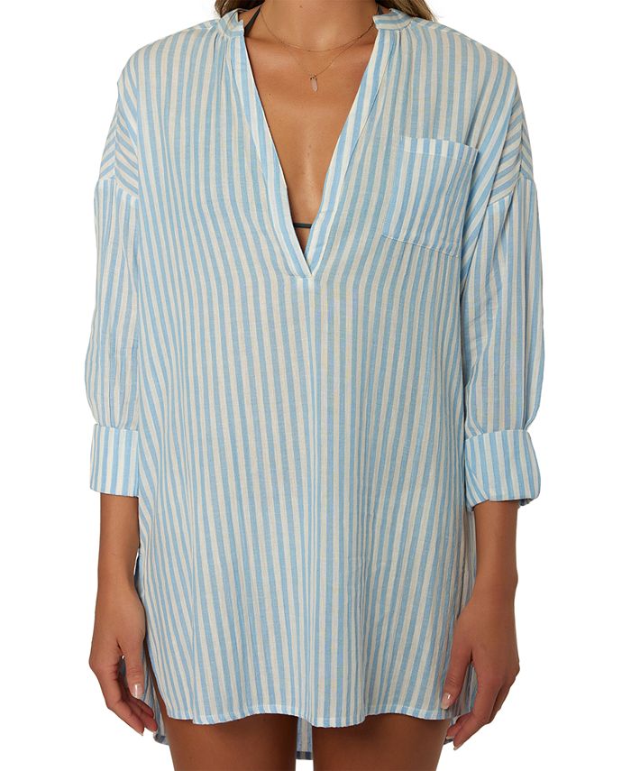 Women's Striped Cotton Long Shirt Cover-Up
