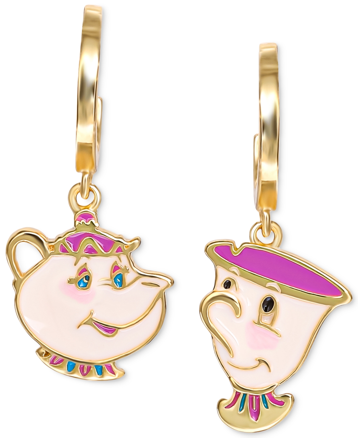 Disney Enamel Beauty And The Beast Mrs. Potts & Chip Mismatch Dangle Hoop Earrings In 18k Gold-plated Sterl In Gold Over Silver