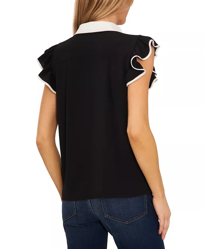Women's Contrast Trimmed Flutter Sleeve Blouse - thumbnail 5
