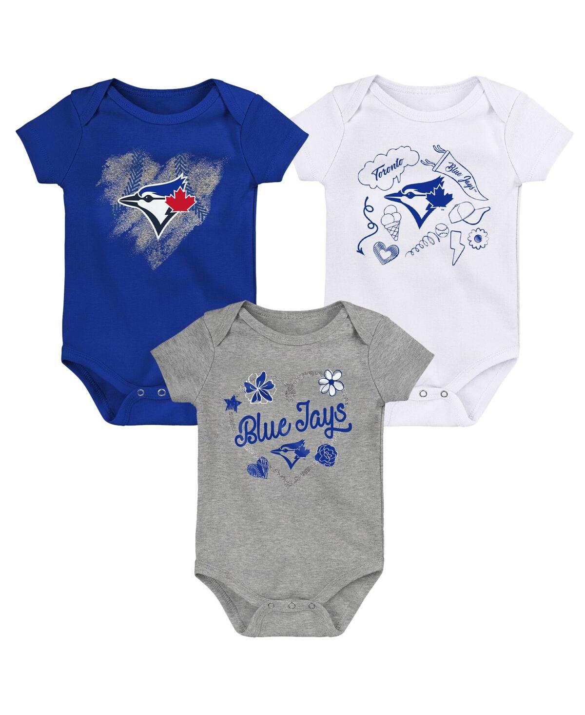 Shop Outerstuff Infant Boys And Girls Royal, White, Heathered Gray Toronto Blue Jays Batter Up 3-pack Bodysuit Set In Royal,white,heathered Gray