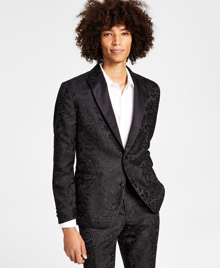 Mens One Button Floral Jacquard Weave Casual Blazers Short Jacket Coats  Slim Fit
