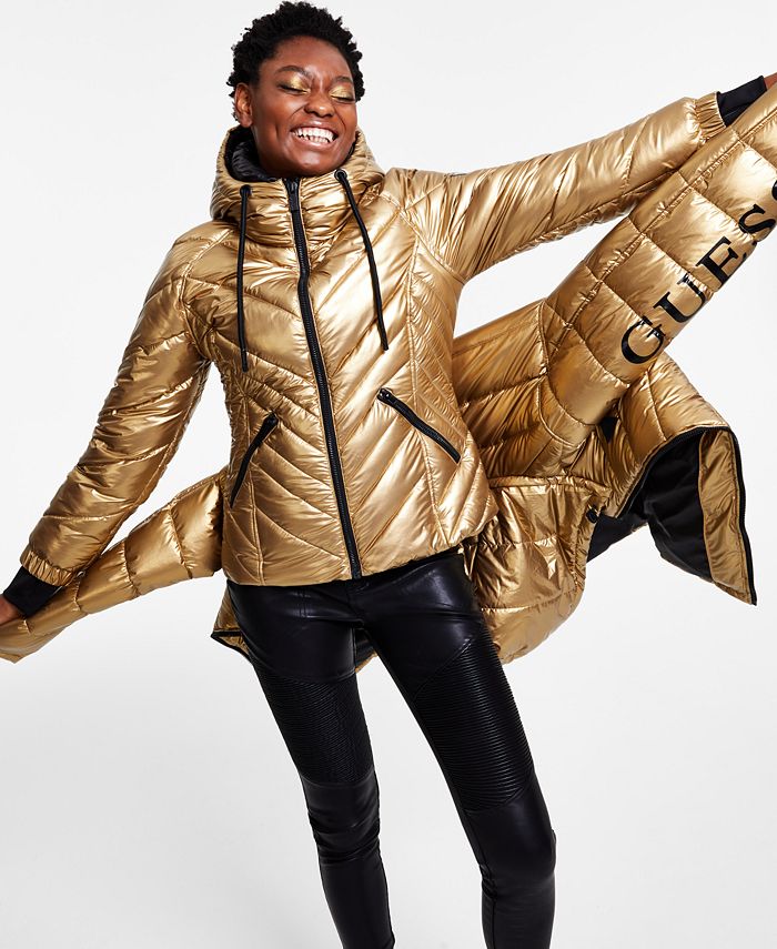 GUESS Women's Metallic Quilted Hooded Puffer Coat, Created for Macy's ...