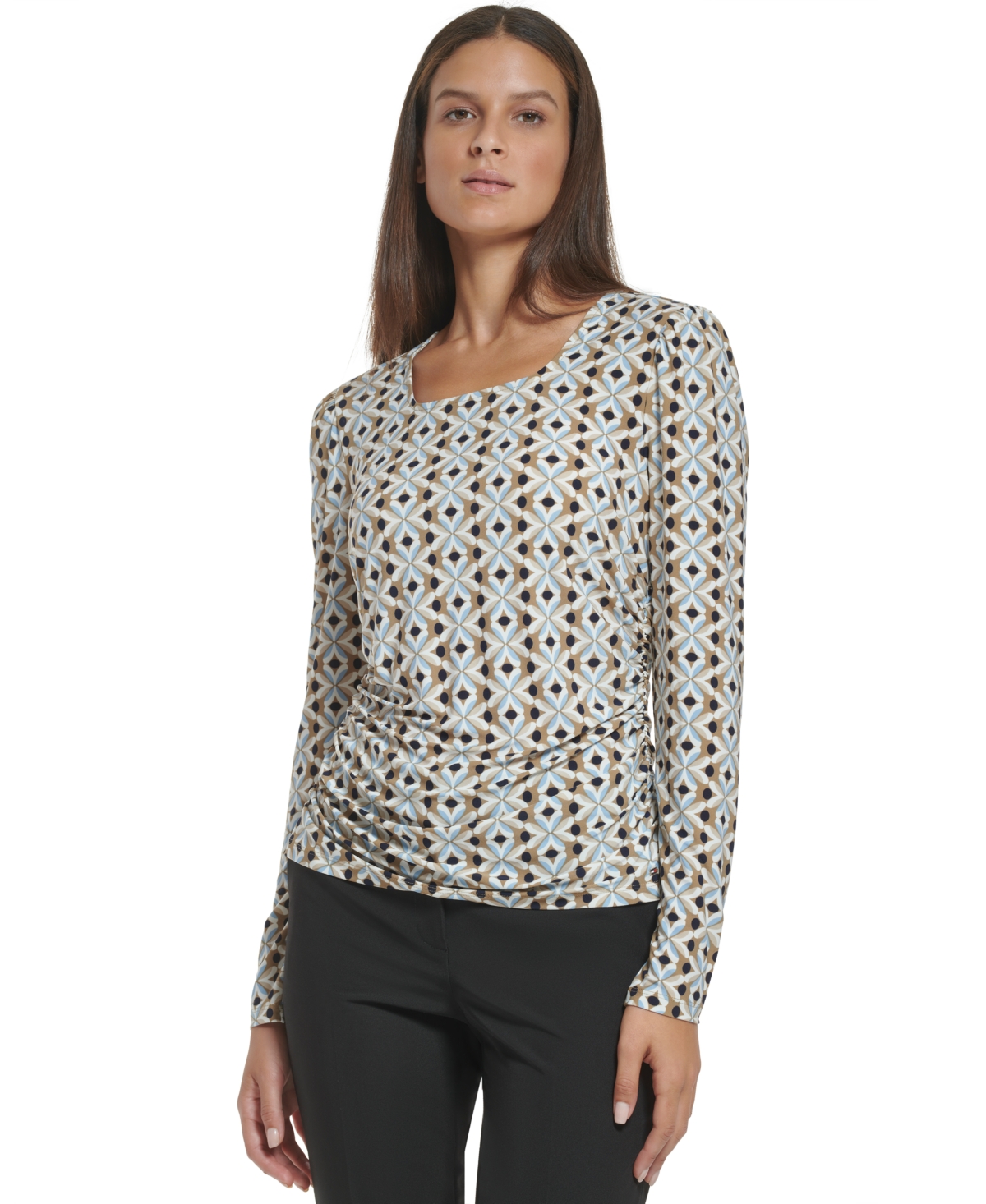 Tommy Hilfiger Women's Geometric-print Ruched Square-neck Top In Tiger Eye Multi