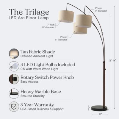 Trilage 84" LED Contemporary Arc Floor Lamp with Marble Base, Bulbs Included