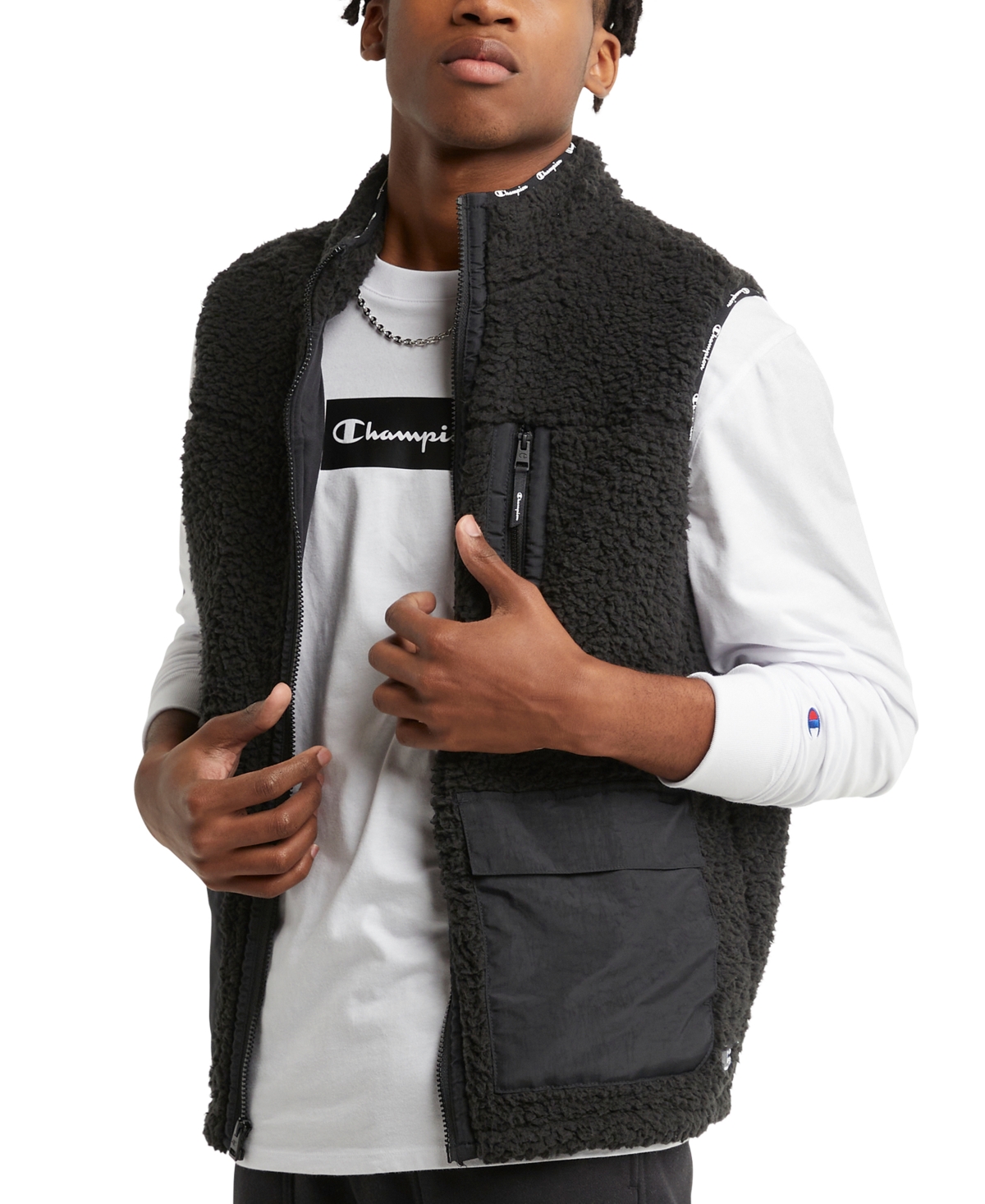 Champion Men's Cozy Standard-fit Mixed-media Plush Fleece Vest In Black