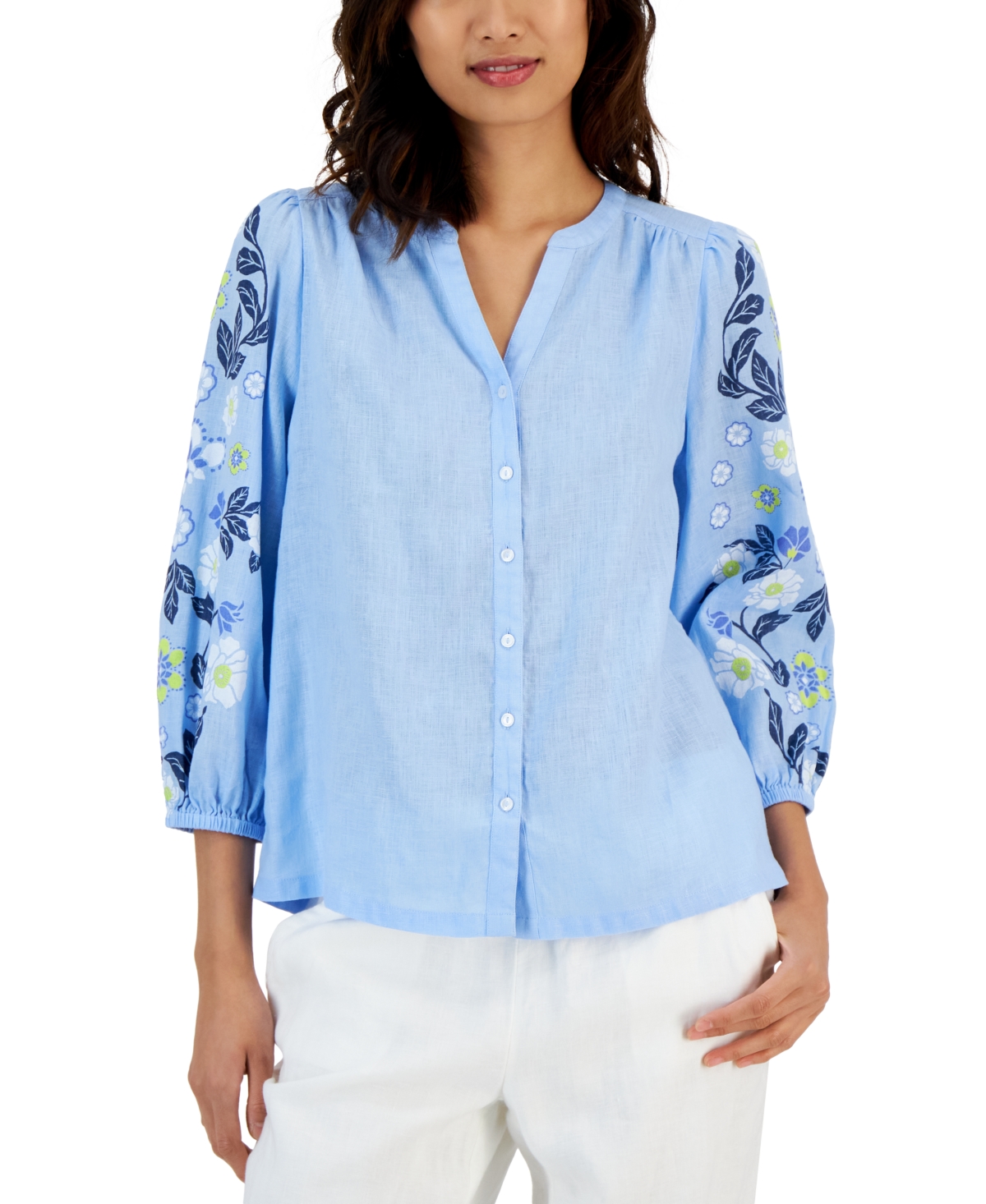 Charter Club Women's Linen Printed Button-Up Top, Created for Macy's |  Smart Closet