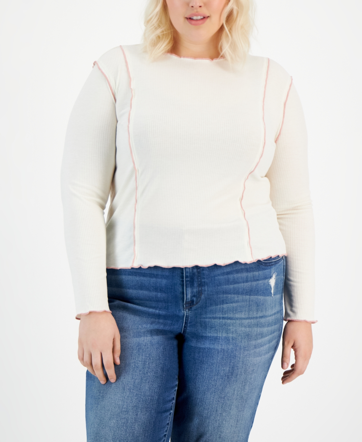 Love, Fire Plus Size Contrast-Stitch Long-Sleeve Knit Top