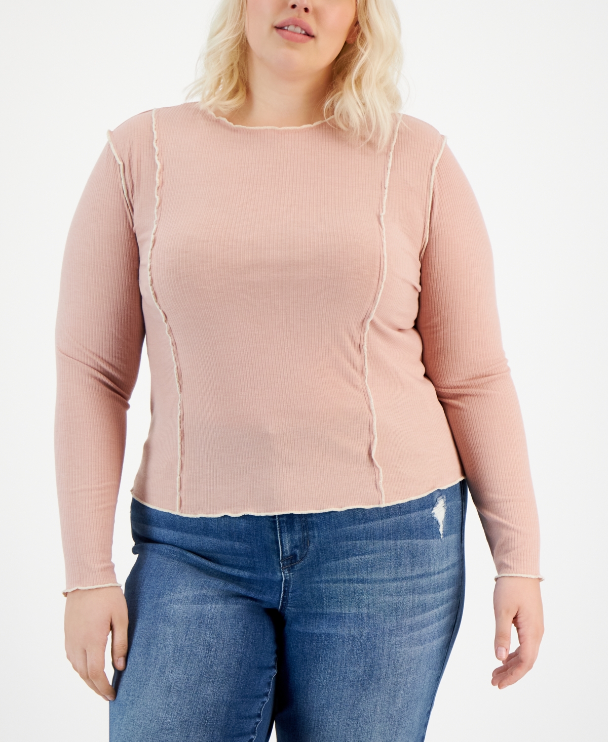 Love, Fire Plus Size Contrast-Stitch Long-Sleeve Knit Top