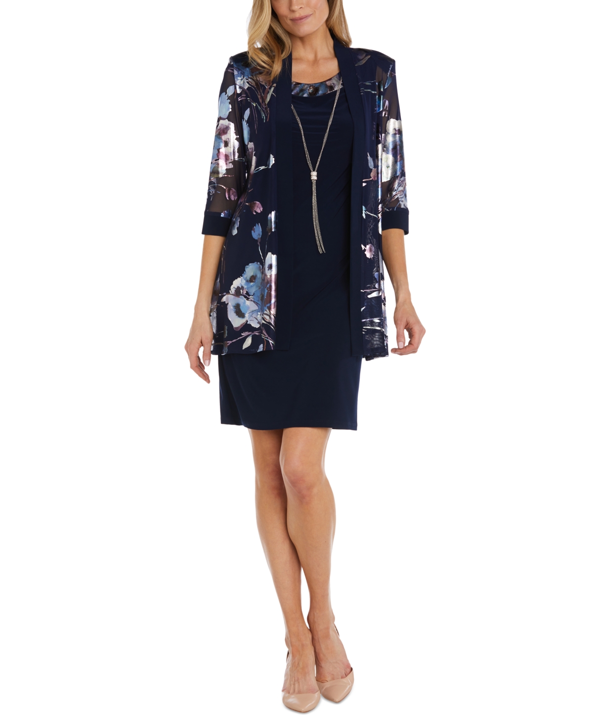 Women's Necklace Printed-Jacket Dress - Navy/Periwinkle