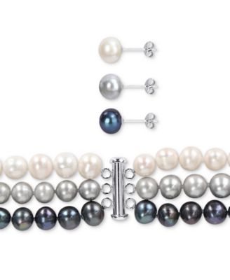 7-Pc. Set White, Black, & Gray Cultured Freshwater Pearl (7-1/2 - 8mm) Necklace, Bracelets, & Stud Earrings