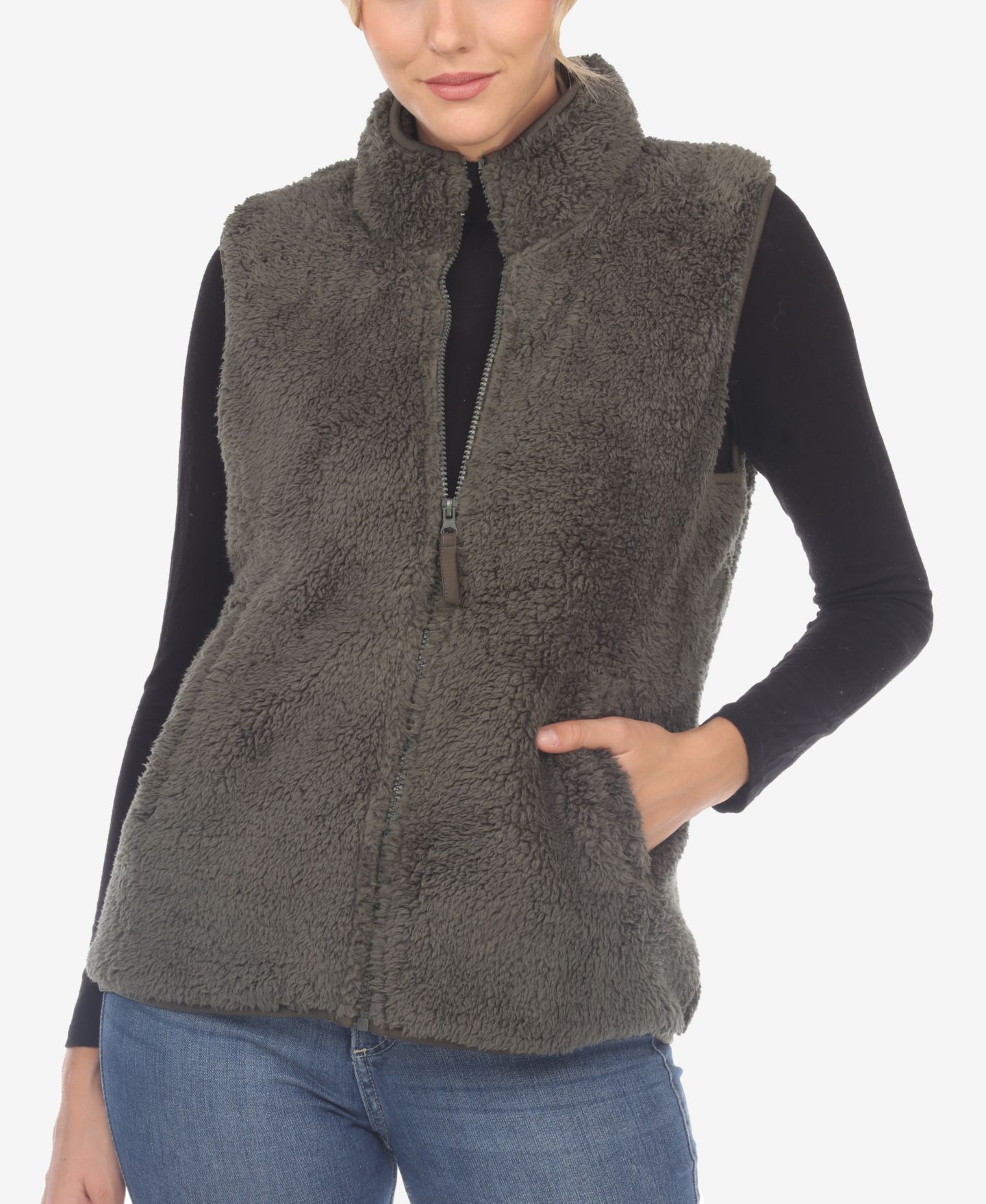 Женский жилет White Mark Zip Up Sherpa Vest, цвет: Армейский зелёный — фото 1