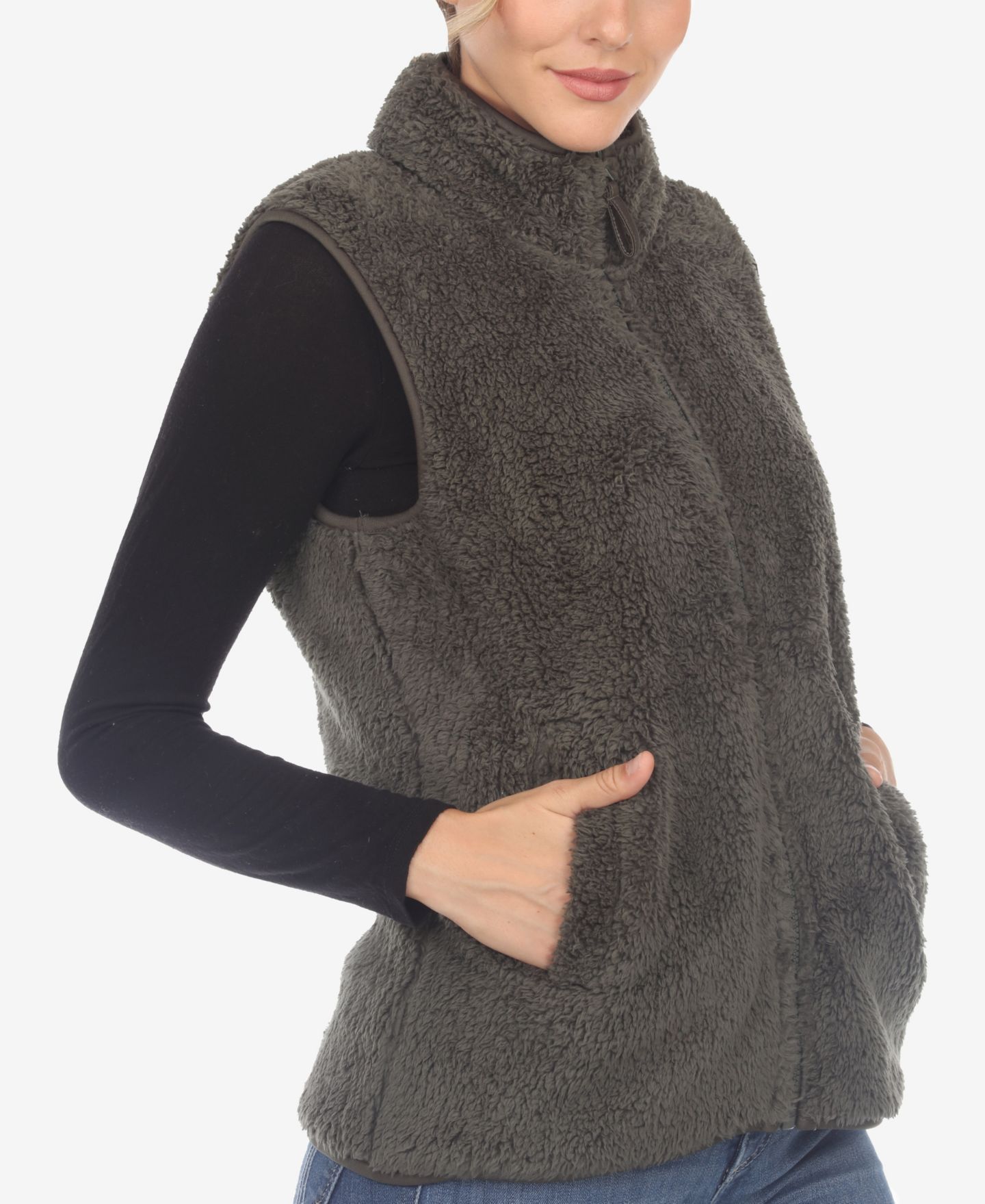 Женский жилет White Mark Zip Up Sherpa Vest, цвет: Армейский зелёный — фото 3
